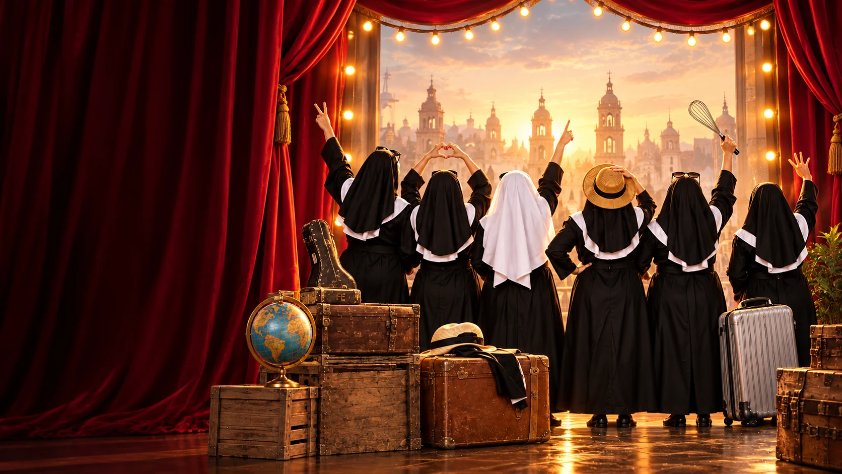 Ilustración teatral de seis monjas de espaldas entre telones rojos, luces doradas y maletas.